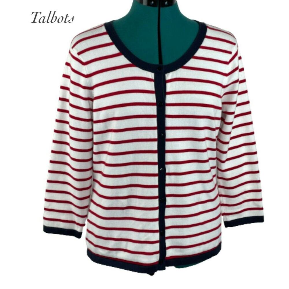 Talbots White Red Stripe Button Front 1/2 Sleeve … - image 1